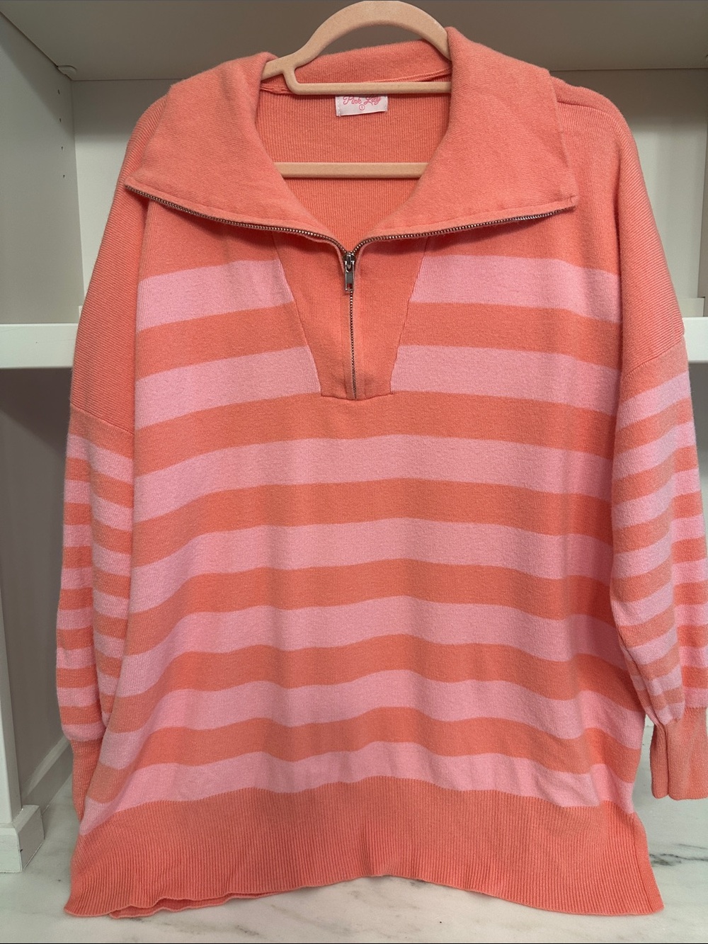 Pink Lily small Striped Half-Zip Sweater in Coral & Light Pink.  Like new